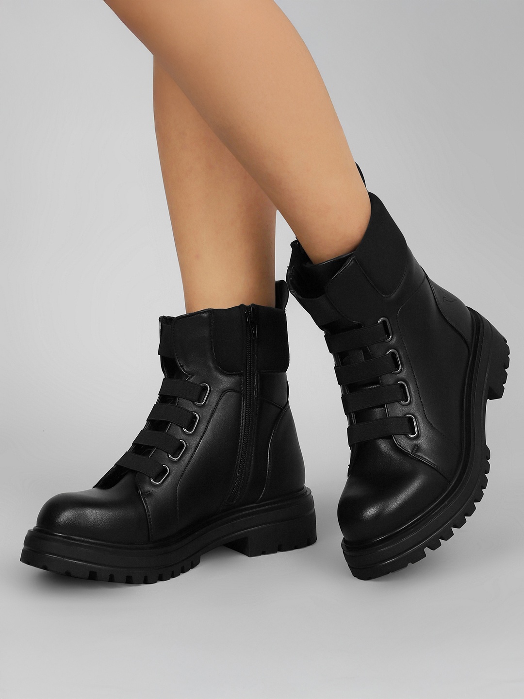 

yoho Women Combat Boot Leather Finish Elastic and Zip-Up Winter Boot M-002, Black