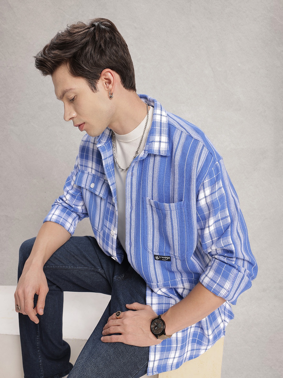 

WROGN Checked Drop-Shoulder Sleeves Oversized Knitted Casual Shirt, Blue