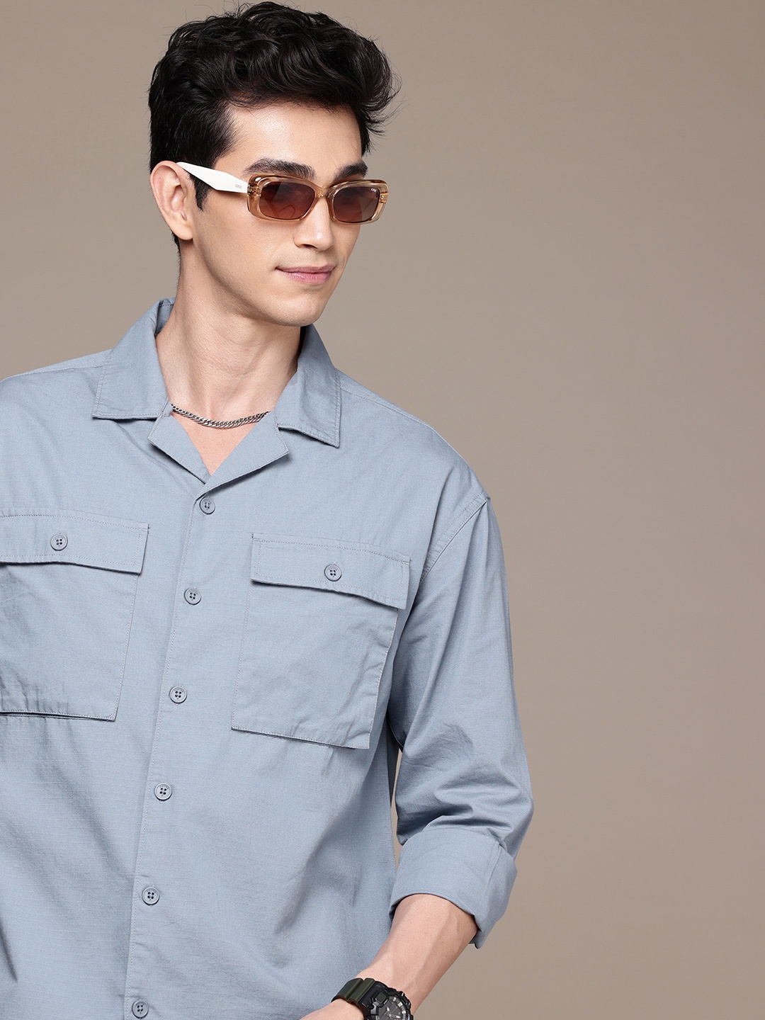 

WROGN Self Checked Drop-Shoulder Sleeves Oversized Pure Cotton Casual Shirt, Blue