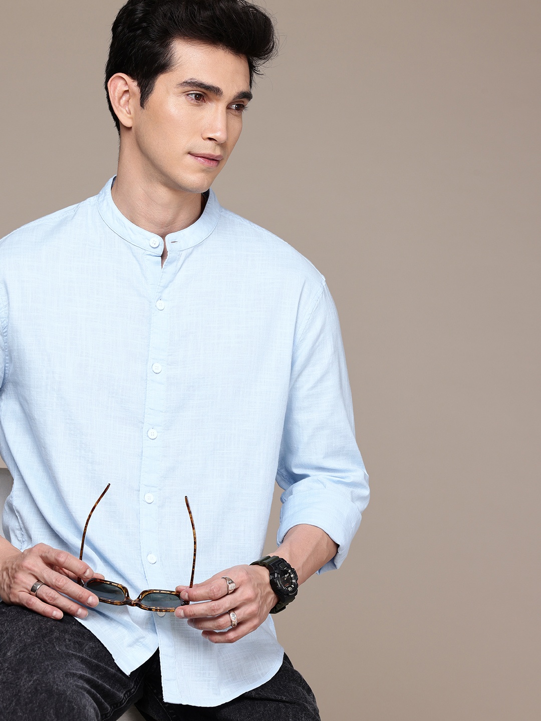 

WROGN Pure Cotton Self Checked Comfort Opaque Casual Shirt, Blue