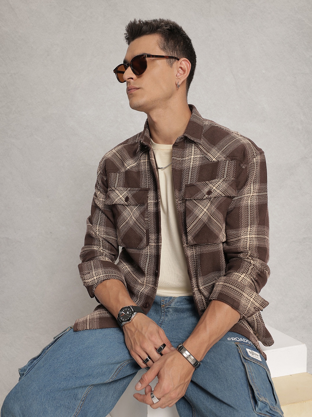 

WROGN Oversized Checked Casual Shackets, Brown