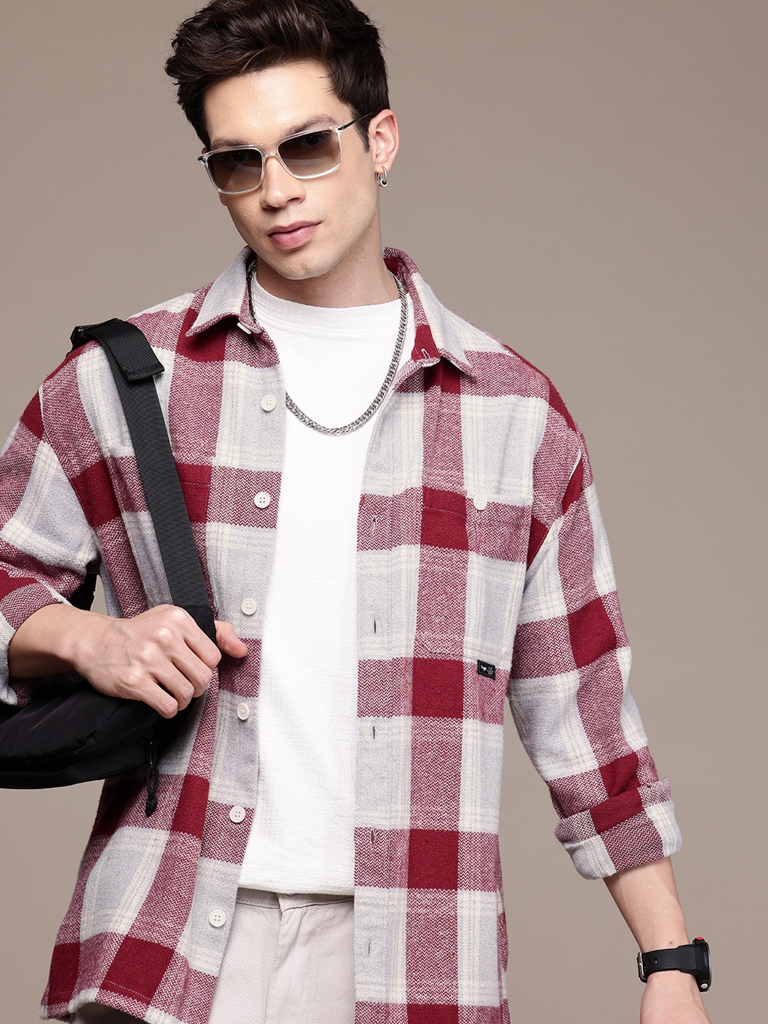 

WROGN Oversized Fit Opaque Checked Casual Shirt, Maroon