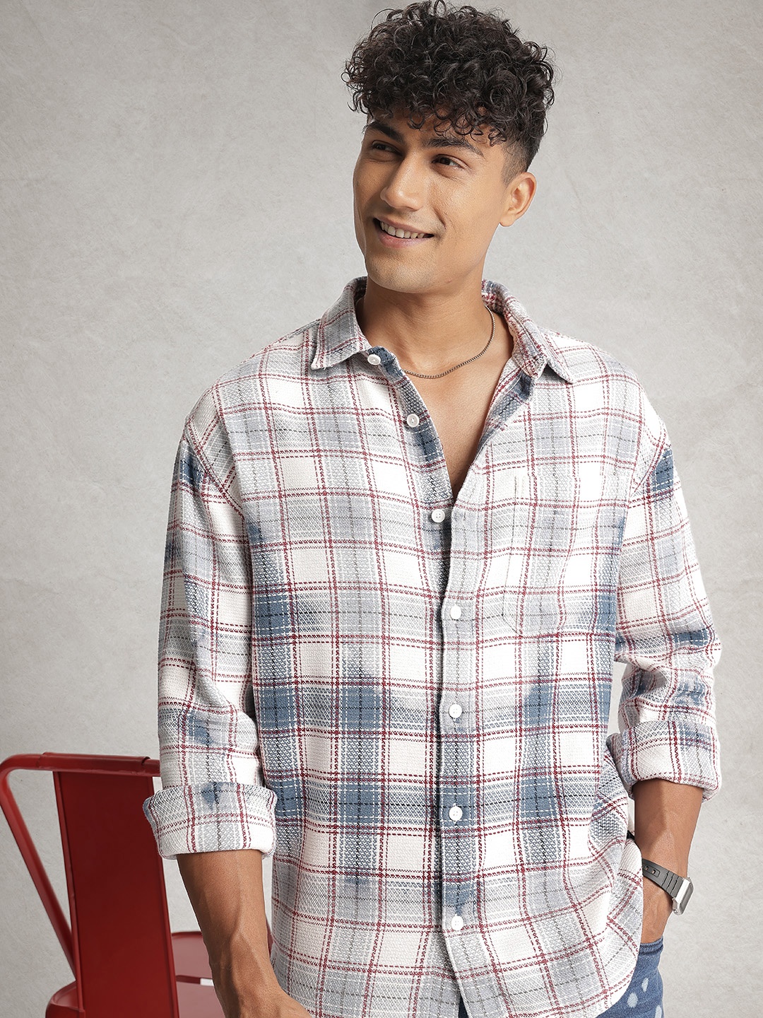

WROGN Oversized Checked Drop-Shoulder Sleeves Casual Shirt, White