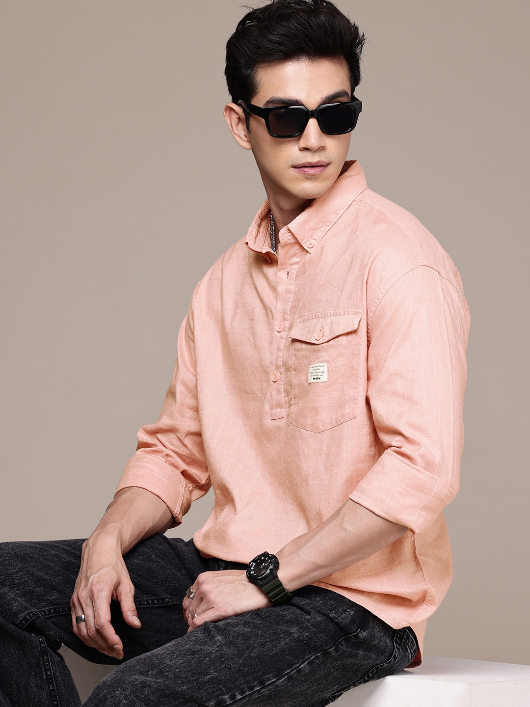 

WROGN Pure Cotton Oversized Shirt, Peach
