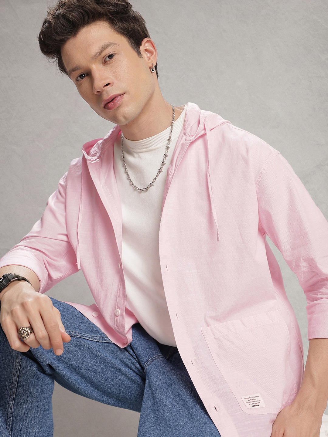 

WROGN Hooded Pure Cotton Casual Shirt, Pink