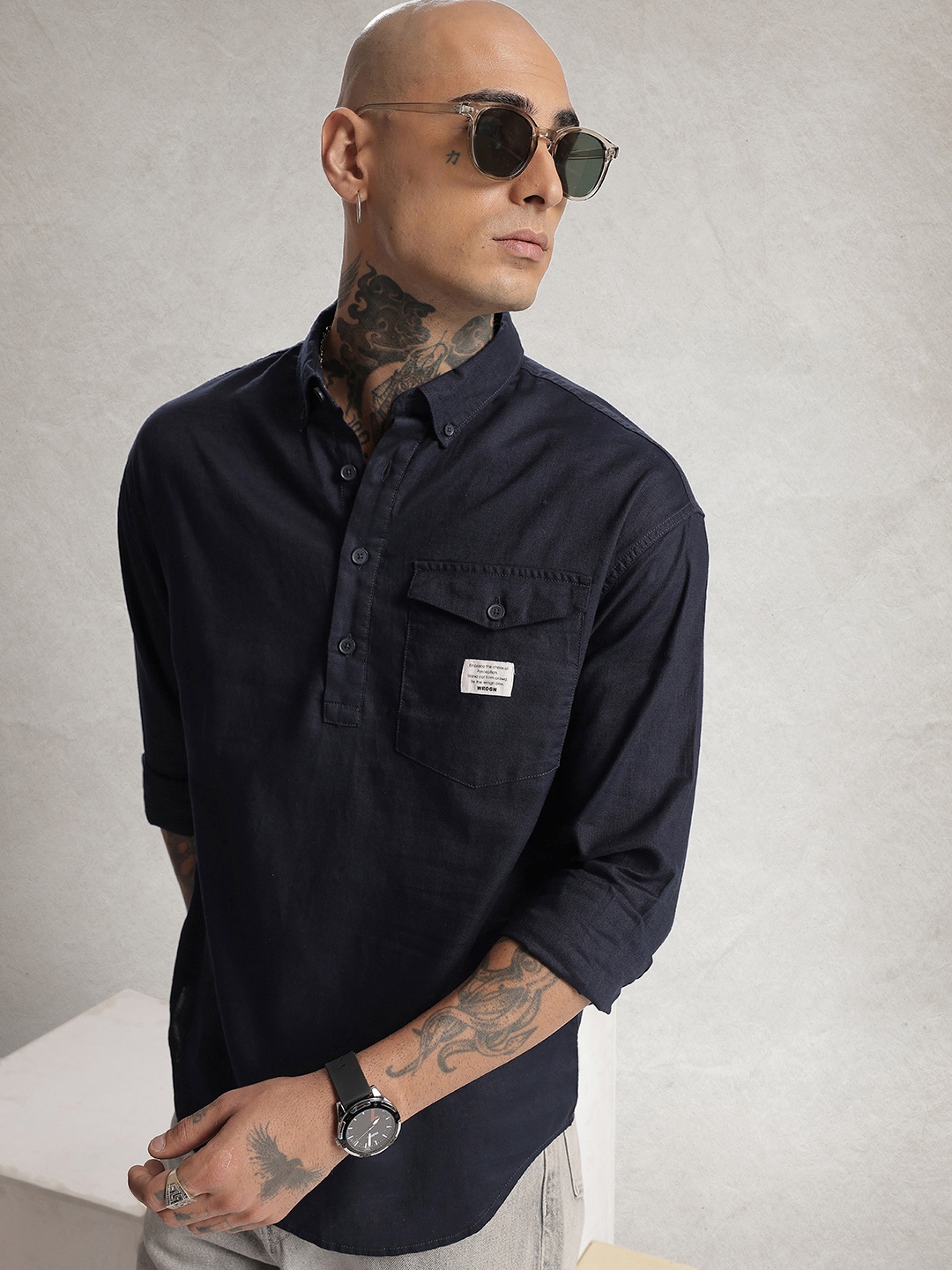 

WROGN Pure Cotton Oversized Casual Shirt, Navy blue