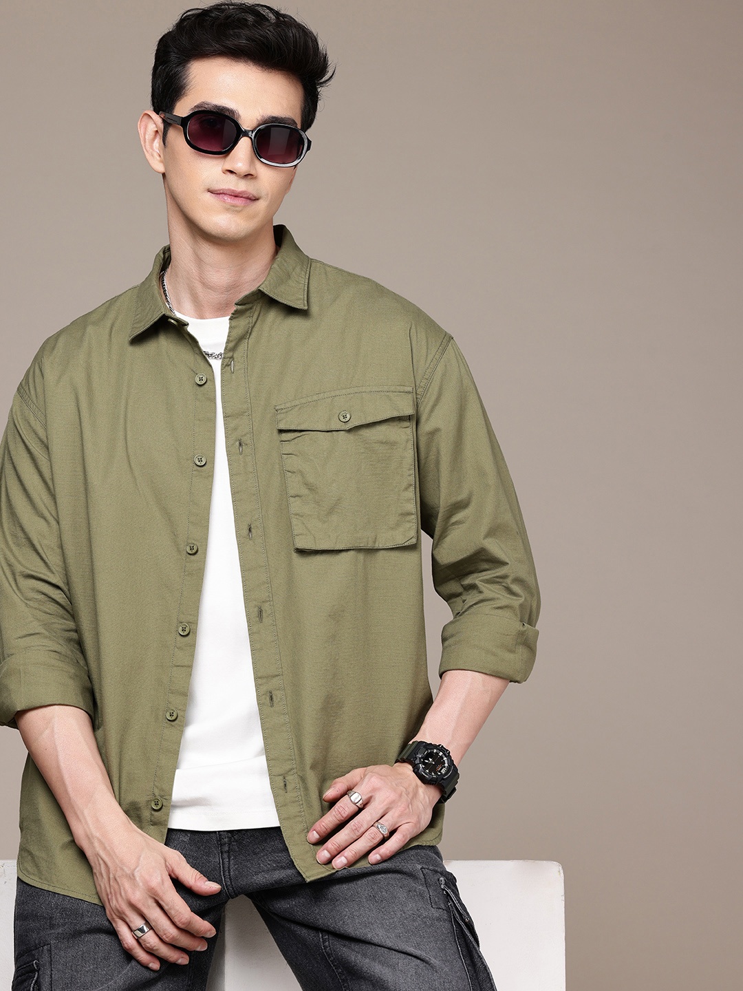 

WROGN Drop-Shoulder Sleeves Oversized Pure Cotton Casual Shirt, Olive