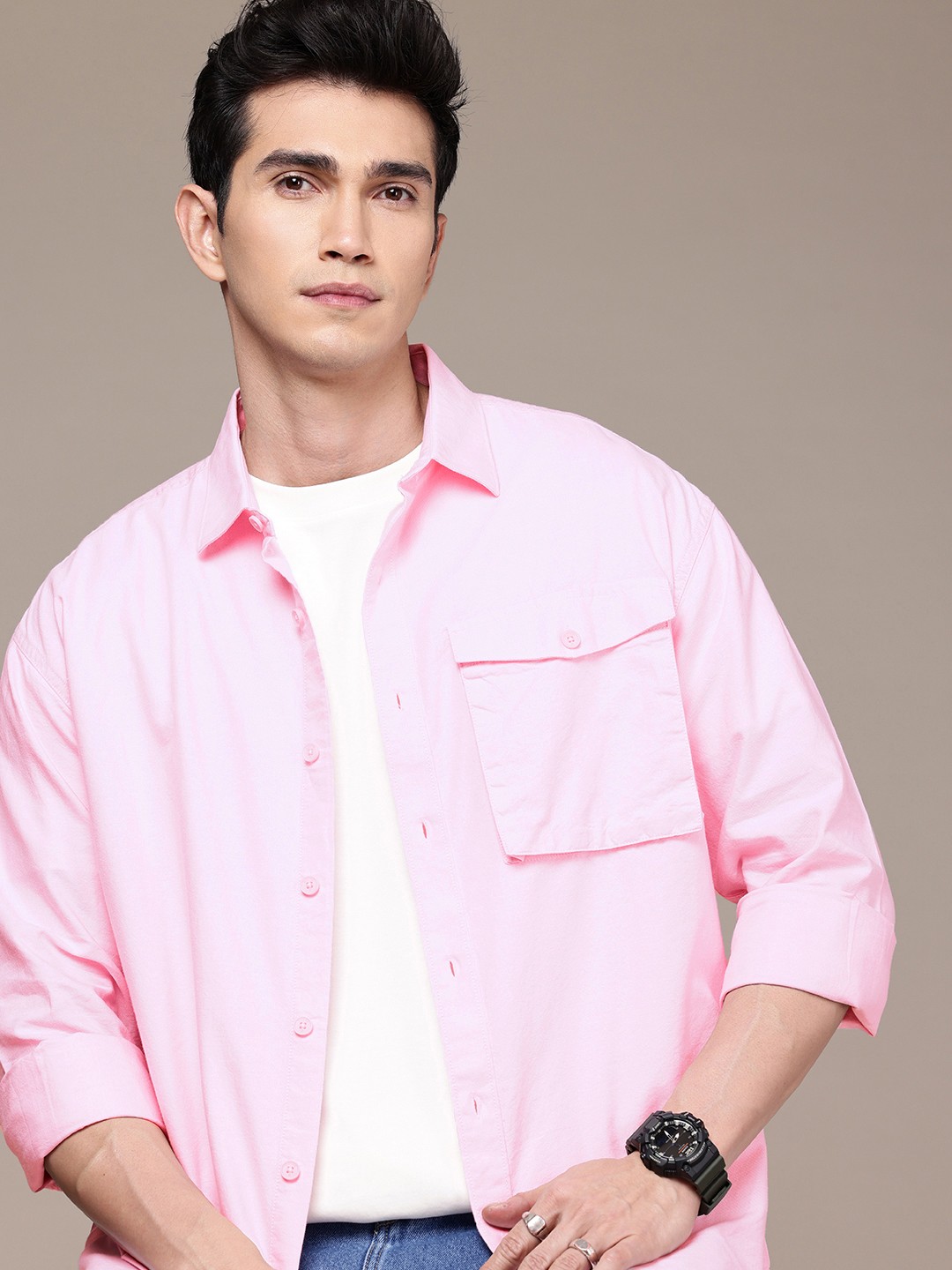 

WROGN Pure Cotton Oversized Shirt, Pink