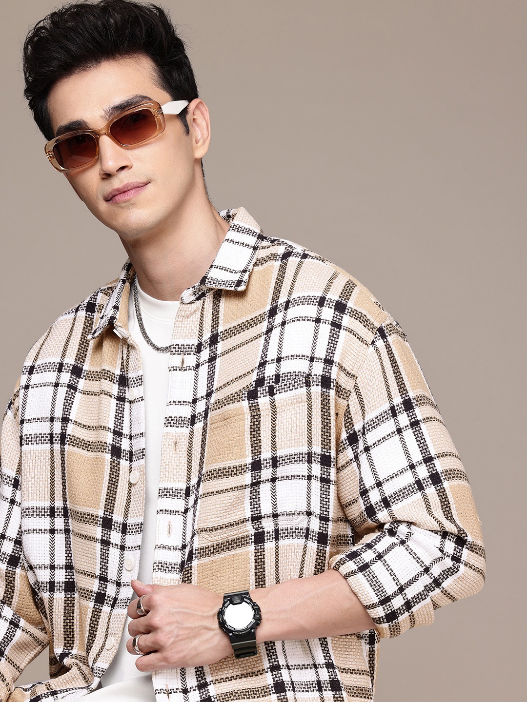 

WROGN Opaque Checked Oversized Casual Shirt, Beige