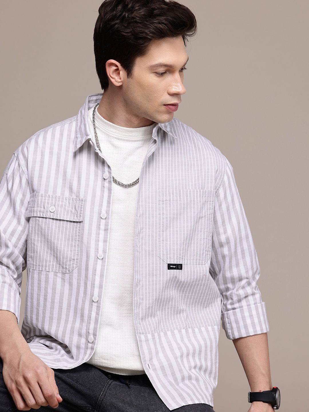 

WROGN Comfort Fit Opaque Striped Pure Cotton Casual Shirt, Grey