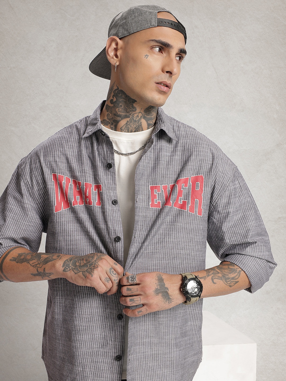 

WROGN Pure Cotton Typography Printed Drop-Shoulder Sleeves Oversized Plus Fit Casual Shirt, Grey