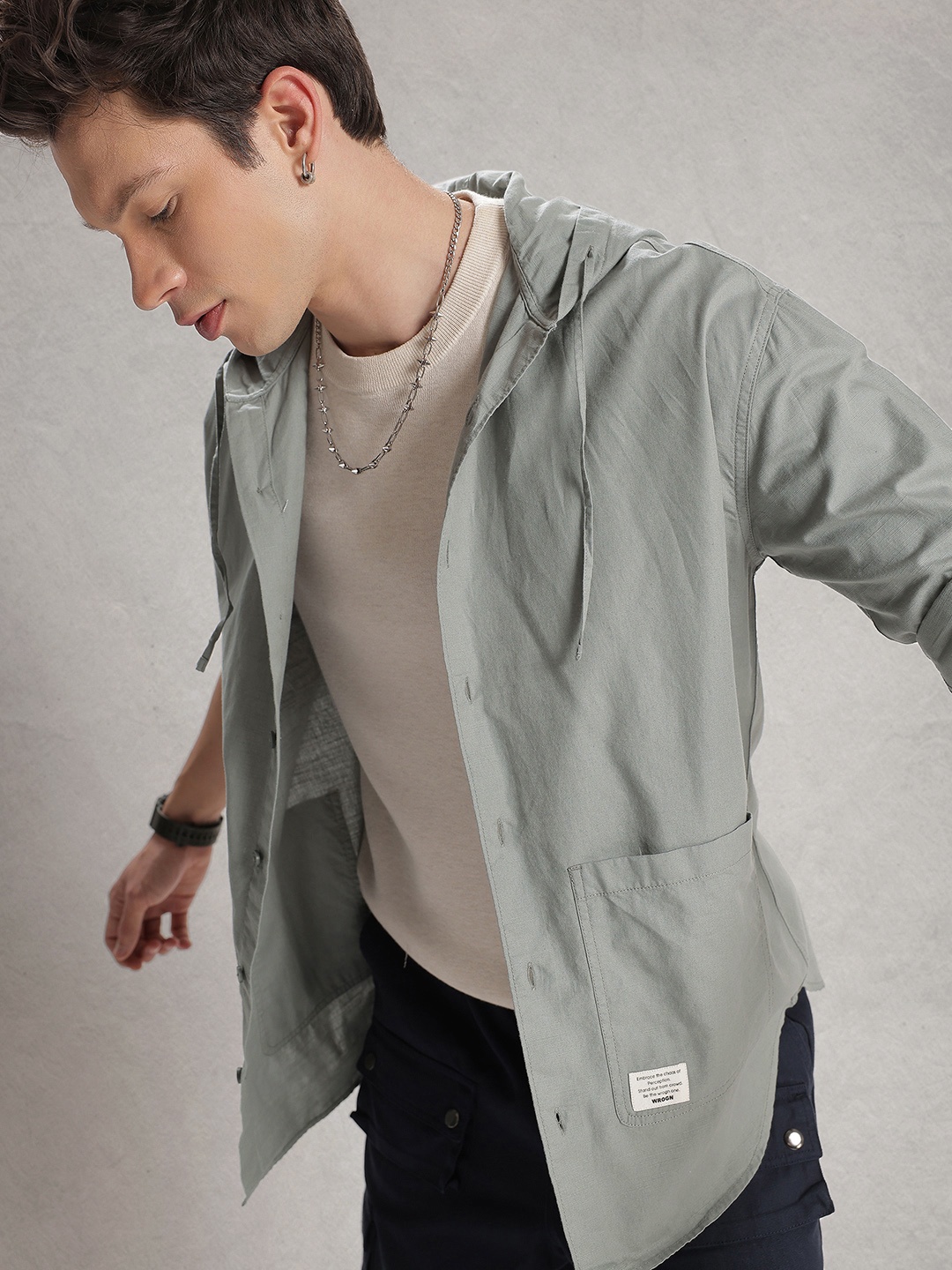 

WROGN Pure Cotton Hooded Drop-Shoulder Sleeves Oversized Casual Shirt, Grey