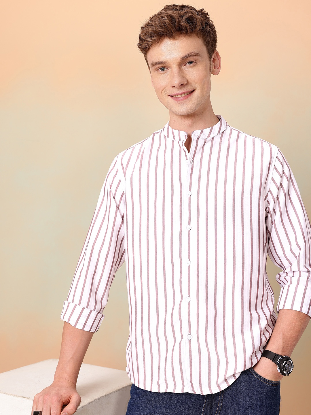 

Mast & Harbour Band Collar Striped Casual Shirt, White