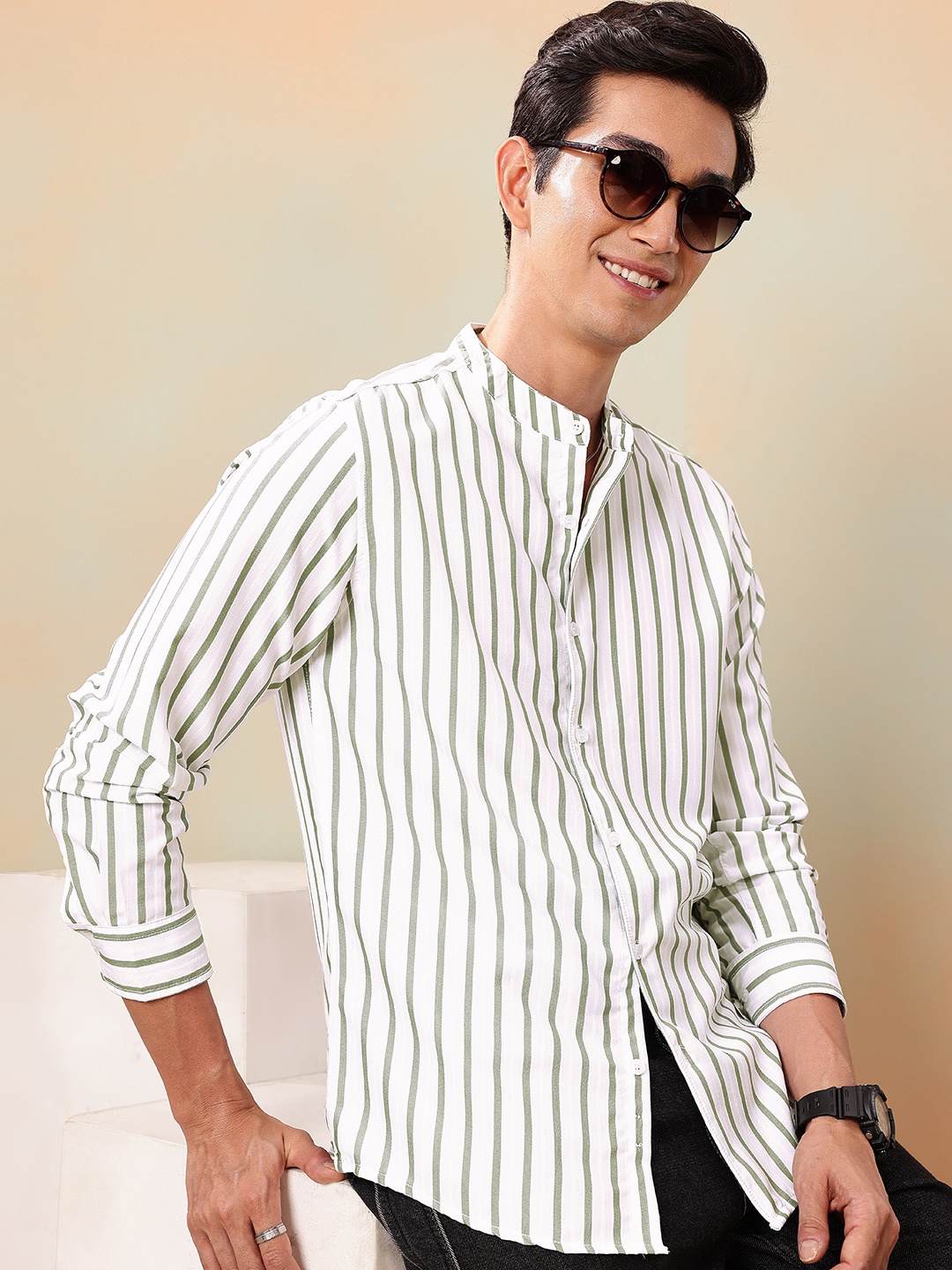 

Mast & Harbour Self Striped Band Collar Casual Shirt, White