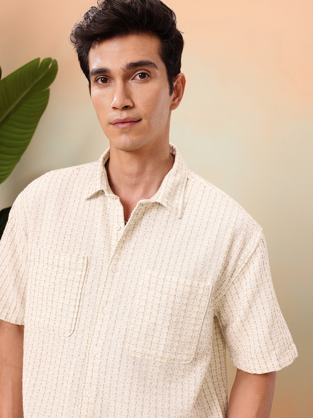 

Mast & Harbour Self Checked Opaque Oversized Casual Shirt, White