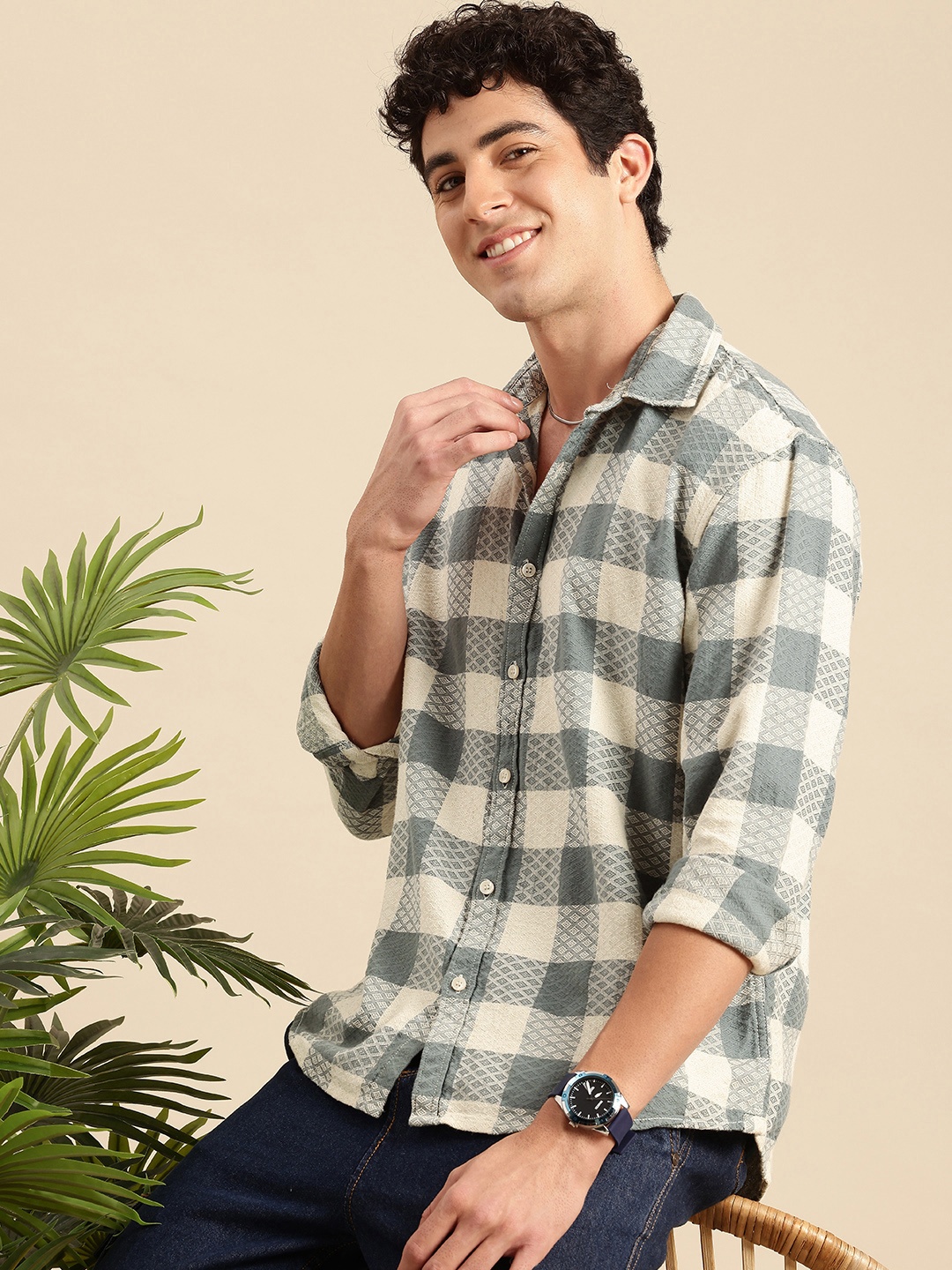 

Mast & Harbour Cotton Linen Relaxed Fit Checked Textured Casual Shirt, Grey