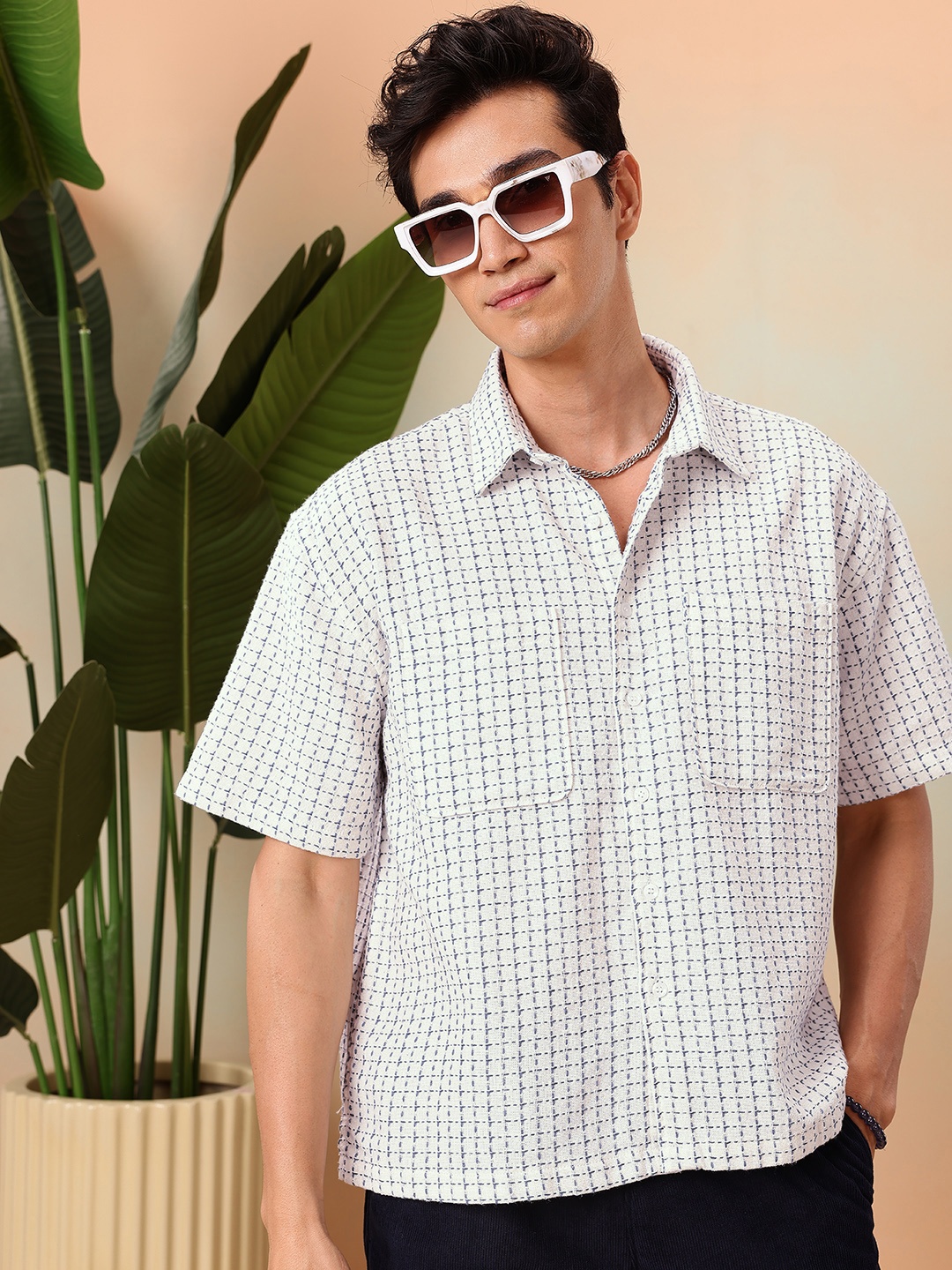

Mast & Harbour Self Checked Opaque Oversized Casual Shirt, White