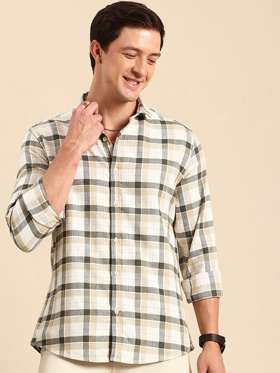 

Mast & Harbour Pure Cotton Checked Casual Shirt, Beige