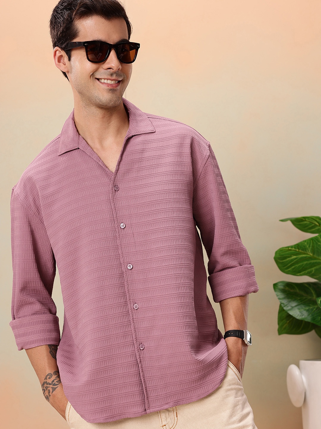 

Mast & Harbour Textured Drop-Shoulder Sleeves Relaxed Fit Casual Shirt, Rose
