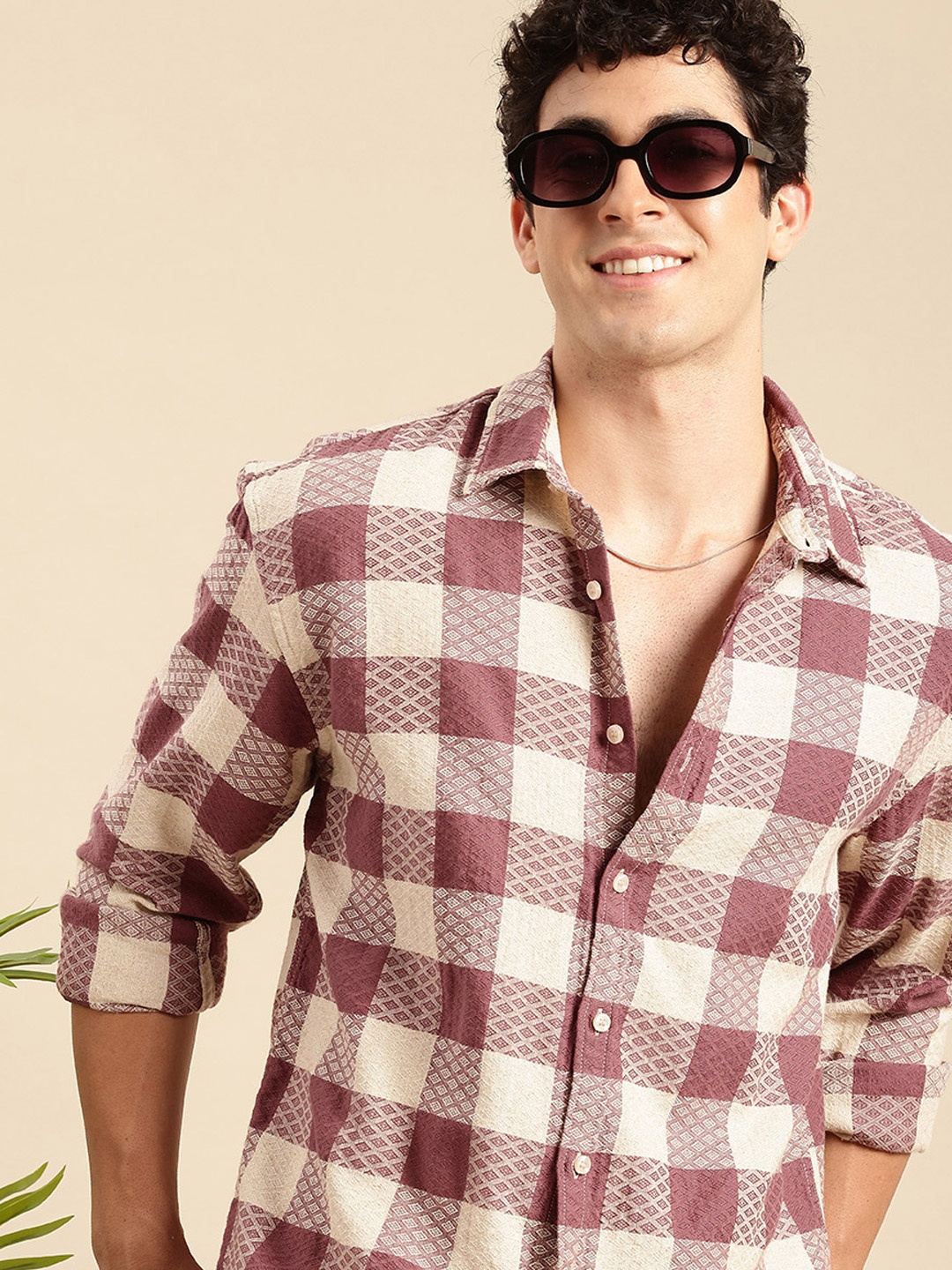 

Mast & Harbour Cotton Linen Relaxed Fit Checked Textured Casual Shirt, Maroon