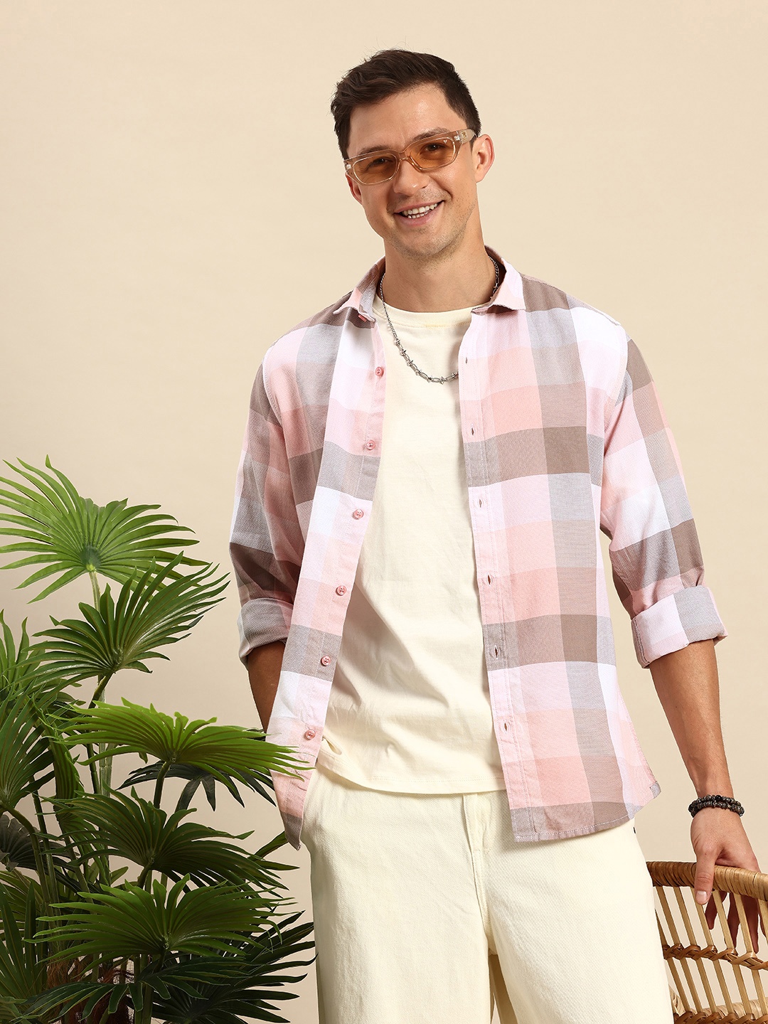 

Mast & Harbour Pure Cotton Opaque Checked Casual Shirt, Pink