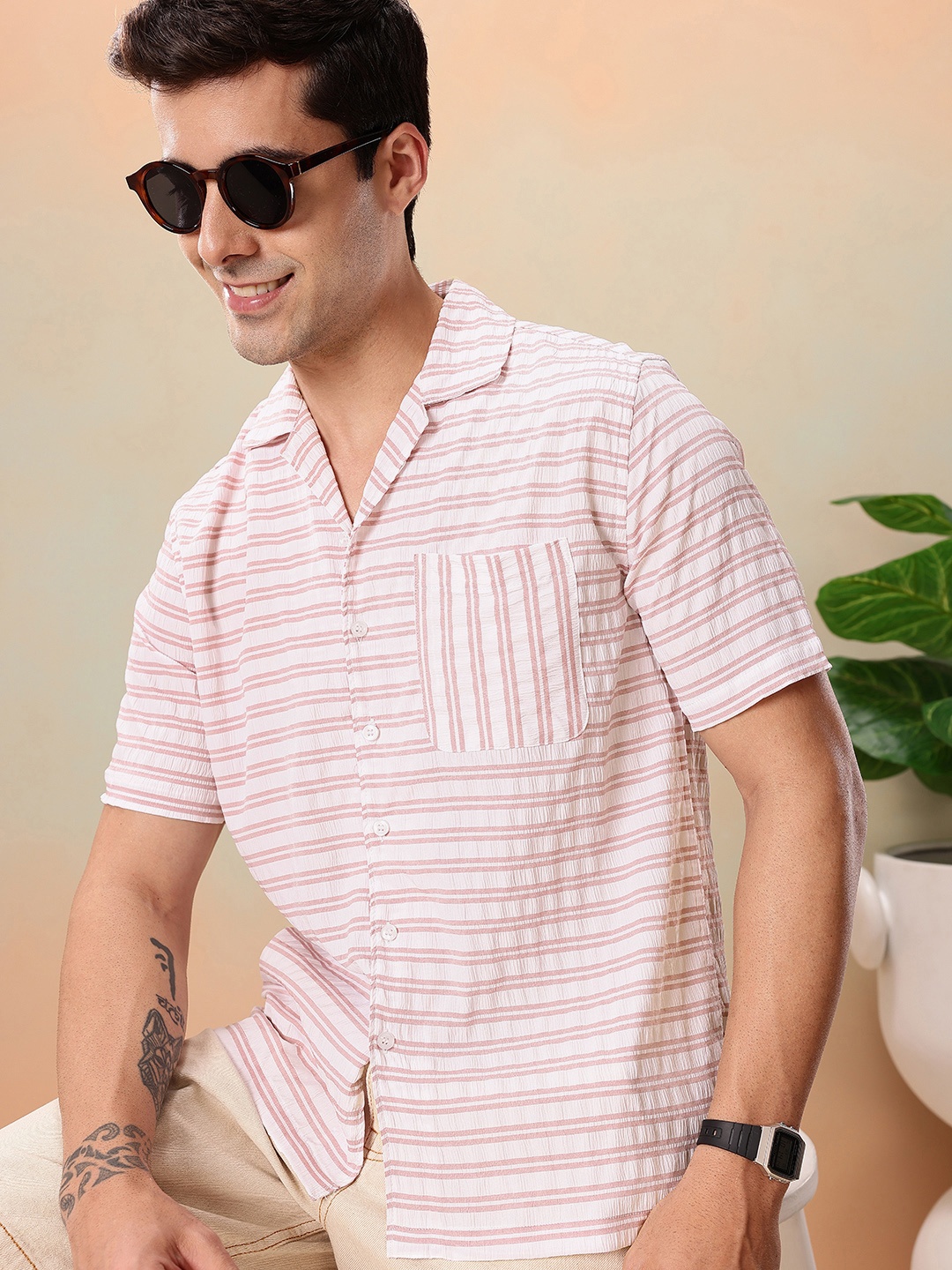 

Mast & Harbour Horizontal Stripes Casual Shirt, White