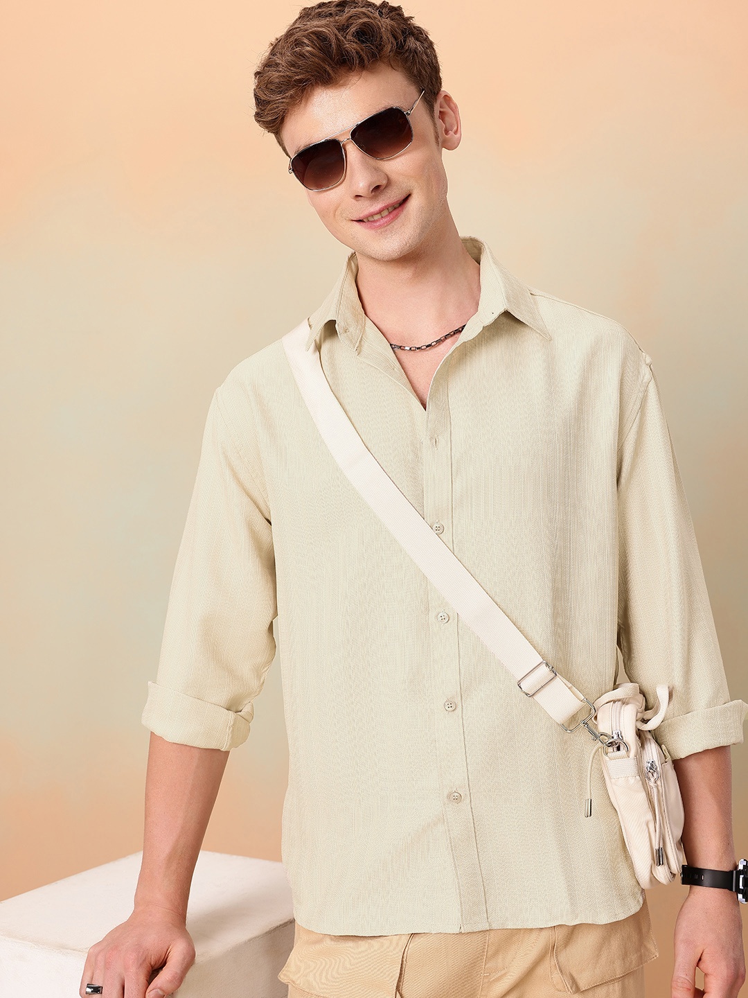 

Mast & Harbour Textured Oversized Casual Shirt, Beige