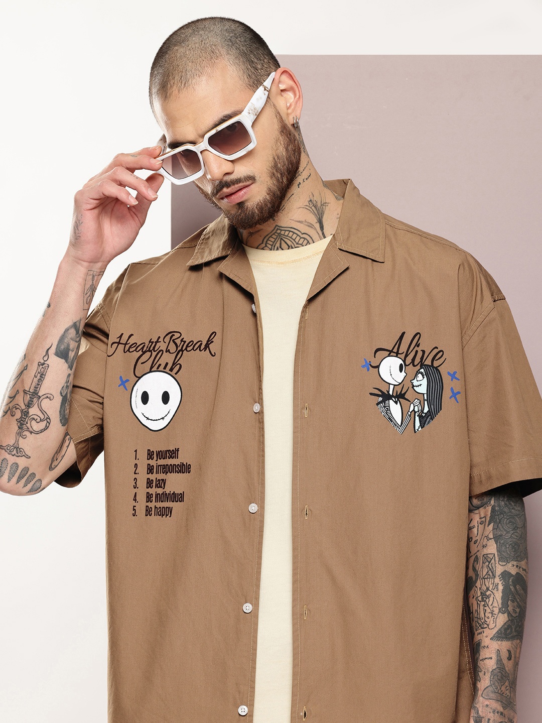 

Kook N Keech Oversized Fit Jack Skellington Graphic Printed Pure Cotton Casual Shirt, Brown