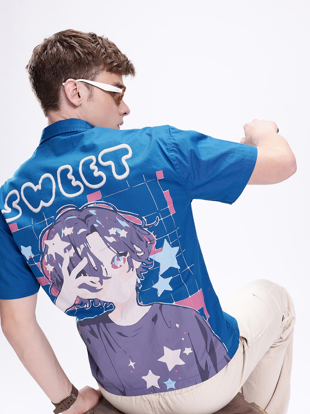 

Kook N Keech Pure Cotton Graphic Printed Oversized Shirt, Blue