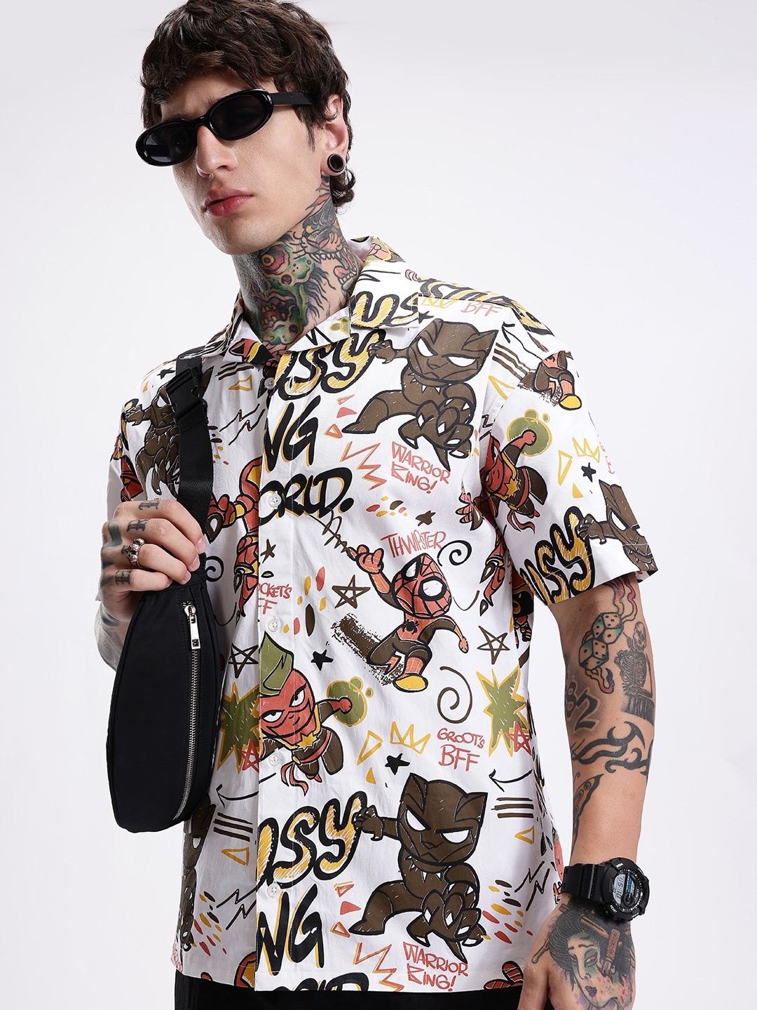 

Kook N Keech Oversized Fit Opaque Marvel Graphic Printed Pure Cotton Casual Shirt, White