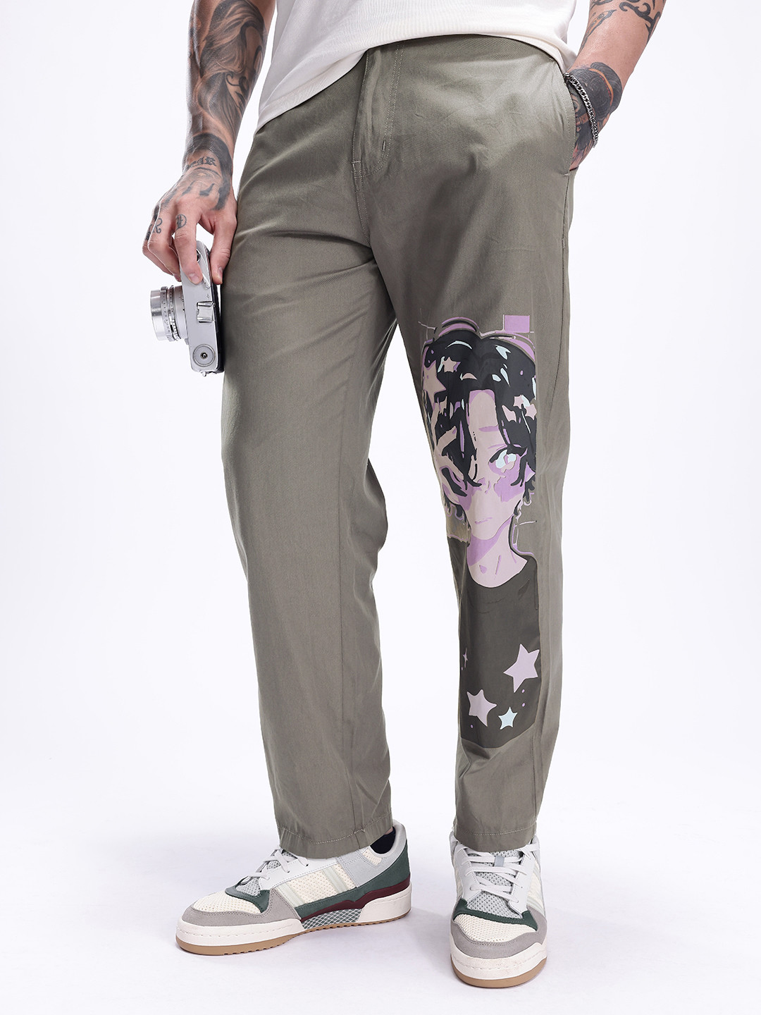 

Kook N Keech Men Pure Cotton Graphic Printed Straight Fit Chinos Trousers, Grey