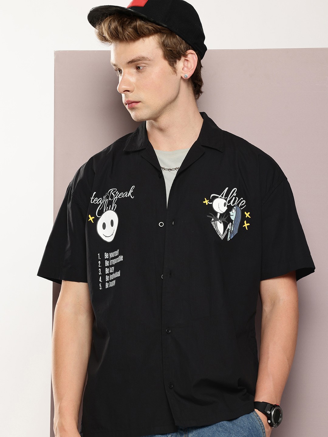 

Kook N Keech Oversized Fit Jack Skellington Graphic Printed Pure Cotton Casual Shirt, Black