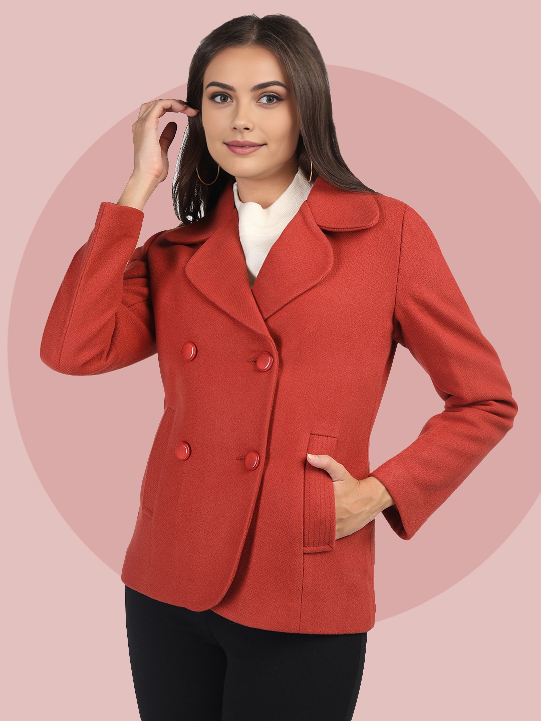 

The Roadster Lifestyle Co Women Double Breasted Spread Collar Peacoat, Rust
