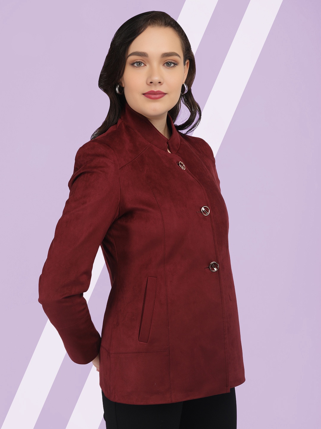 

The Roadster Lifestyle Co Women Solid Winter Wear Stand Collar Single-Breasted Overcoat, Maroon