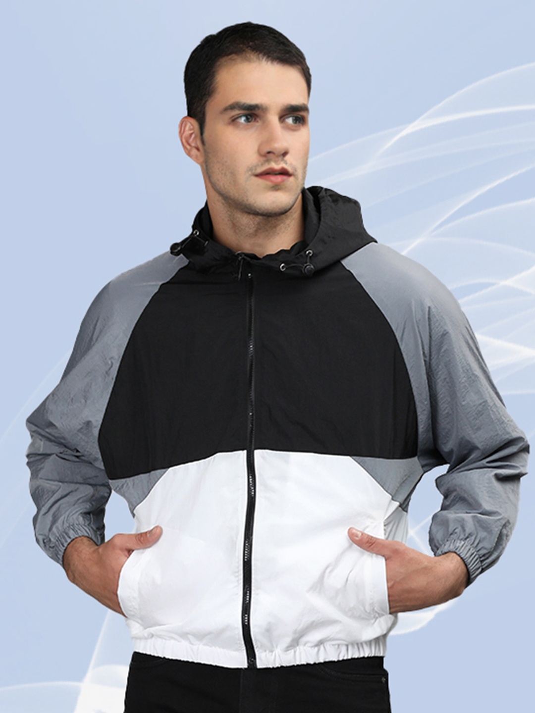

The Roadster Lifestyle Co. Men Hooded Colourblocked Casual Bomber Jacket, Black