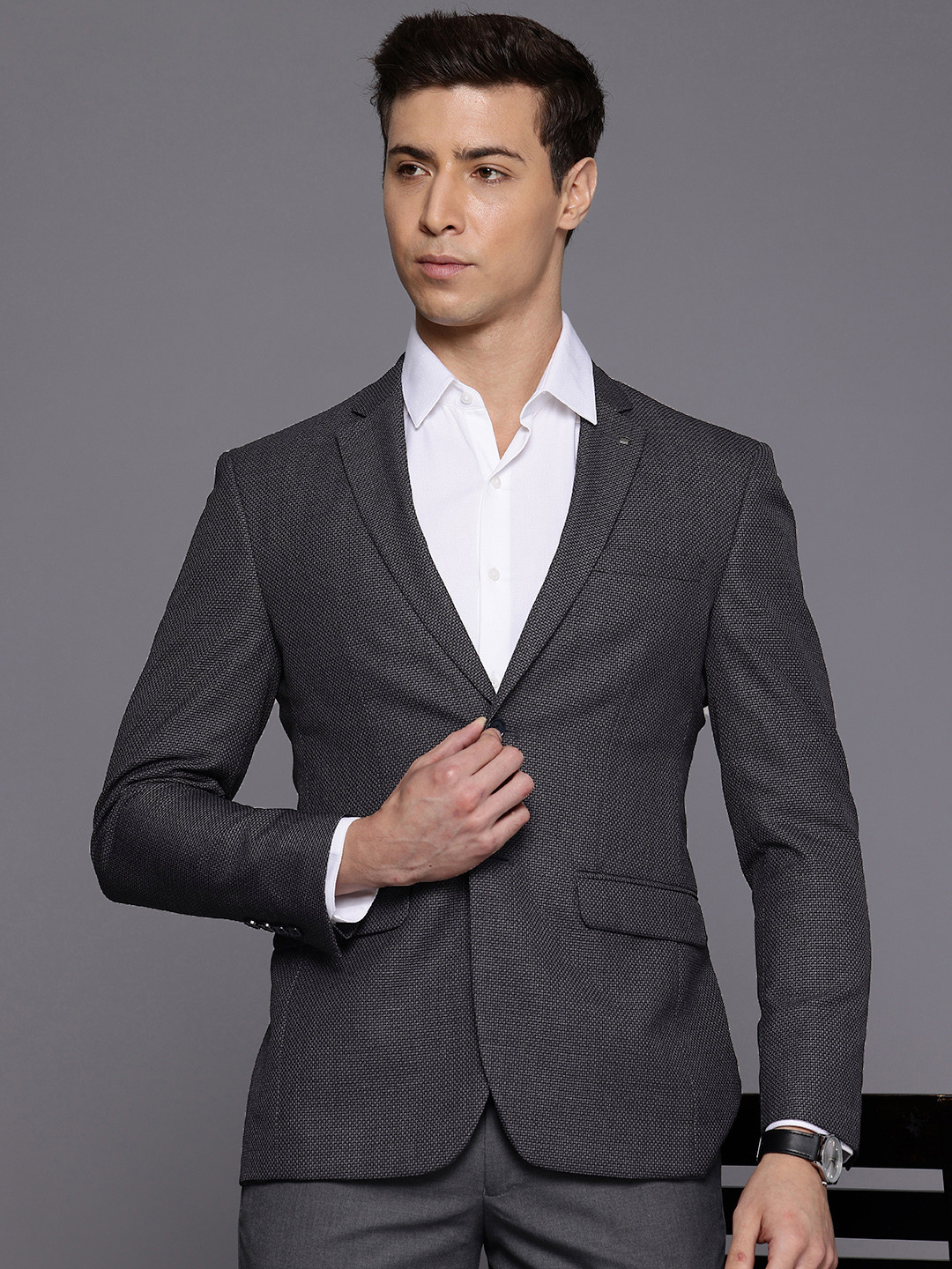 

Louis Philippe Self Design Slim Fit Single-Breasted Formal Blazer, Charcoal