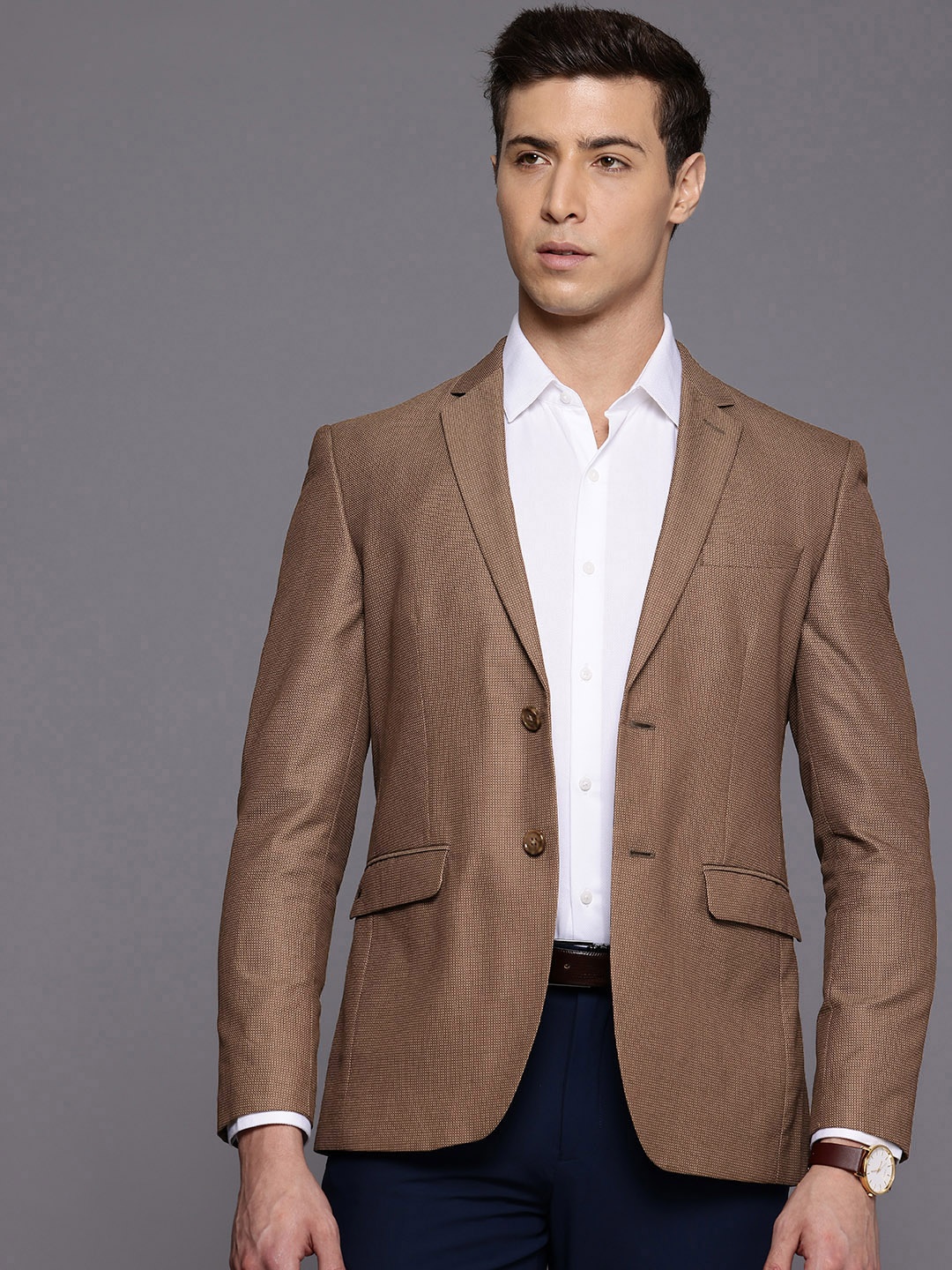 

Louis Philippe Self Design Slim Fit Single-Breasted Formal Blazer, Brown