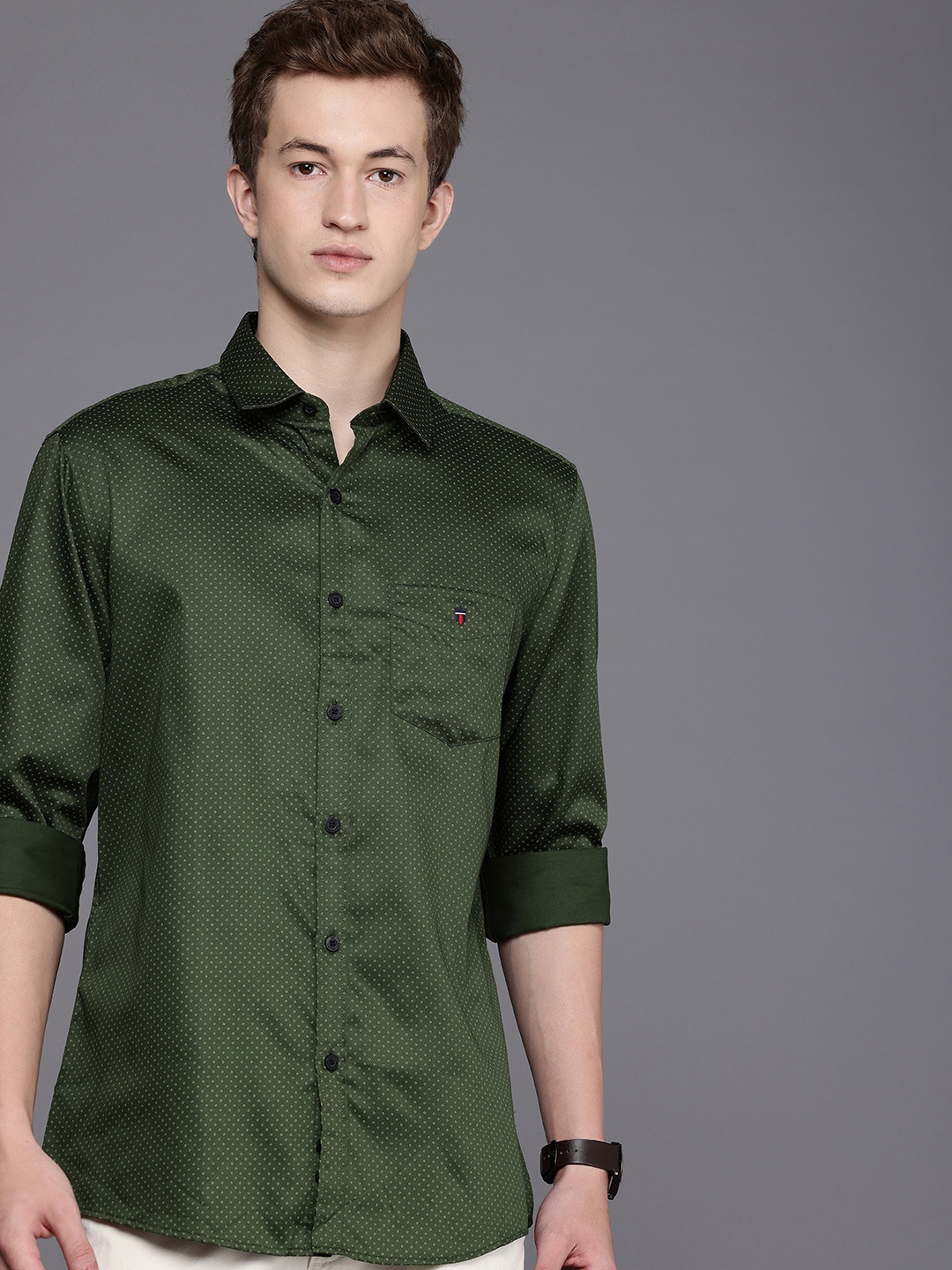 

Louis Philippe Sport Slim Fit Micro Ditsy Printed Pure Cotton Casual Shirt, Green