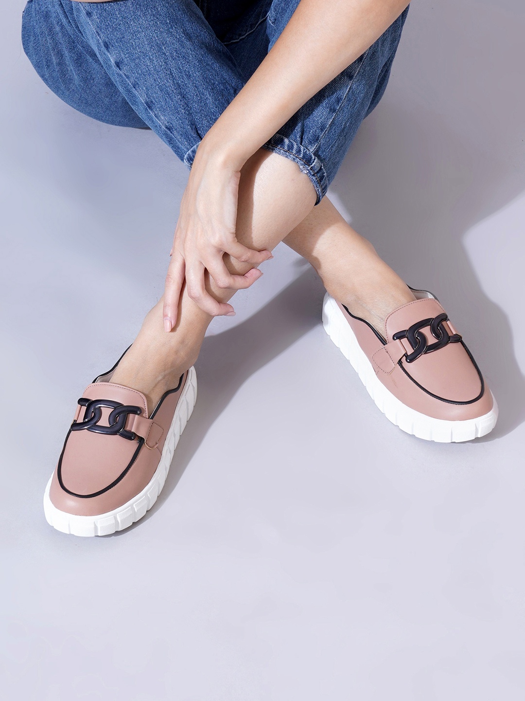 

PLANET WALK Women Colourblocked Loafers With Buckles, Peach
