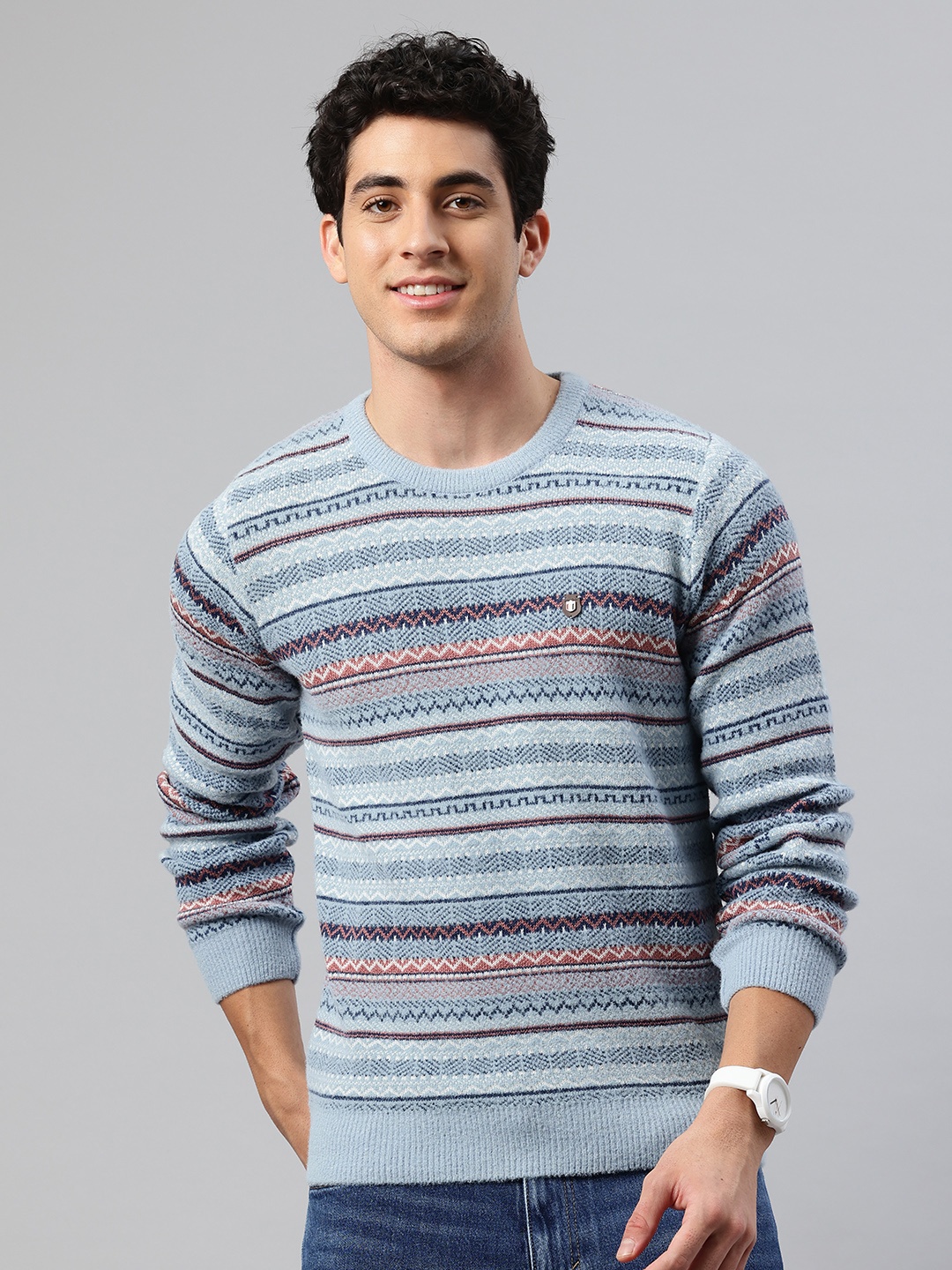 

Pierre Carlo Men Geometric Self Design Pullover, Blue