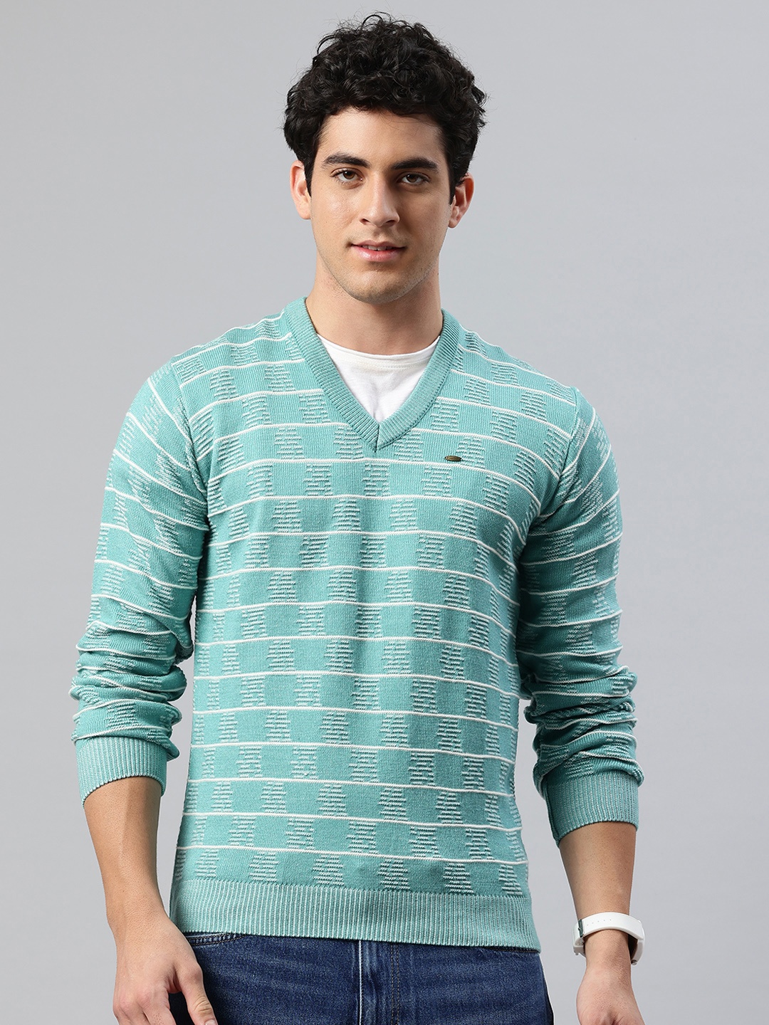 

Pierre Carlo Men Geometric Self Design Pullover, Sea green