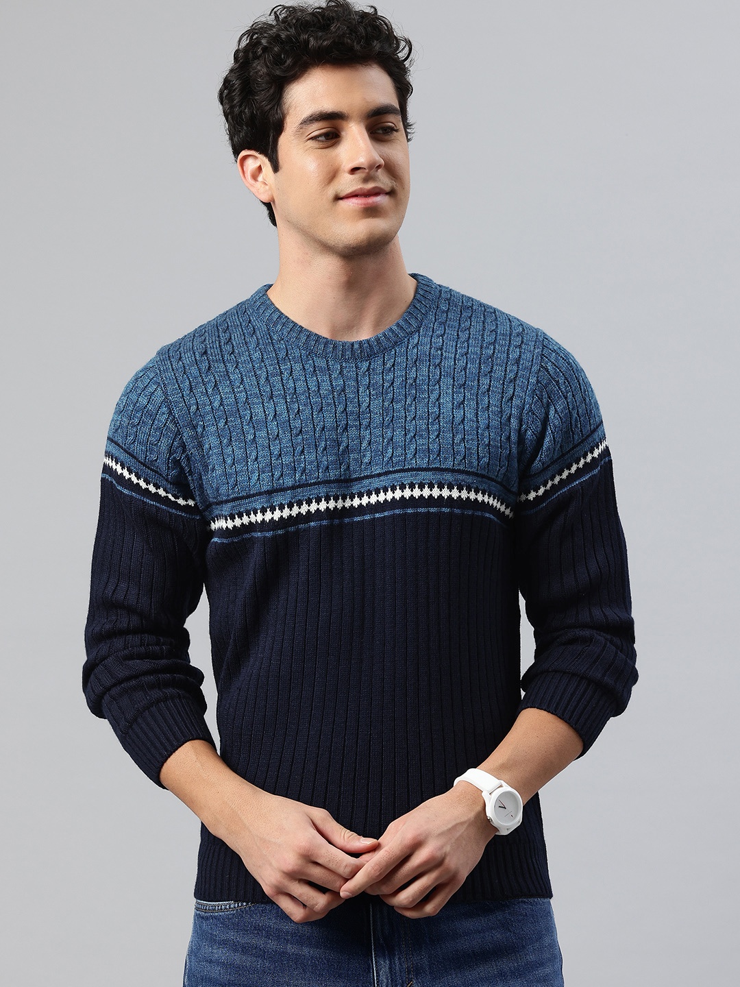 

Pierre Carlo Men Colourblocked Pullover, Navy blue