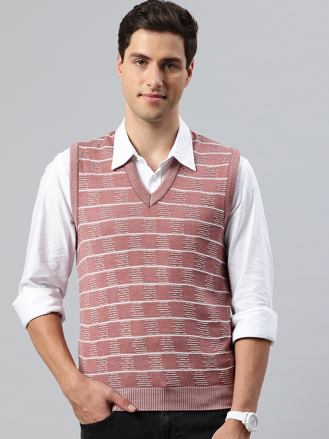 

Pierre Carlo Men Geometric Self Design Sweater Vest, Pink