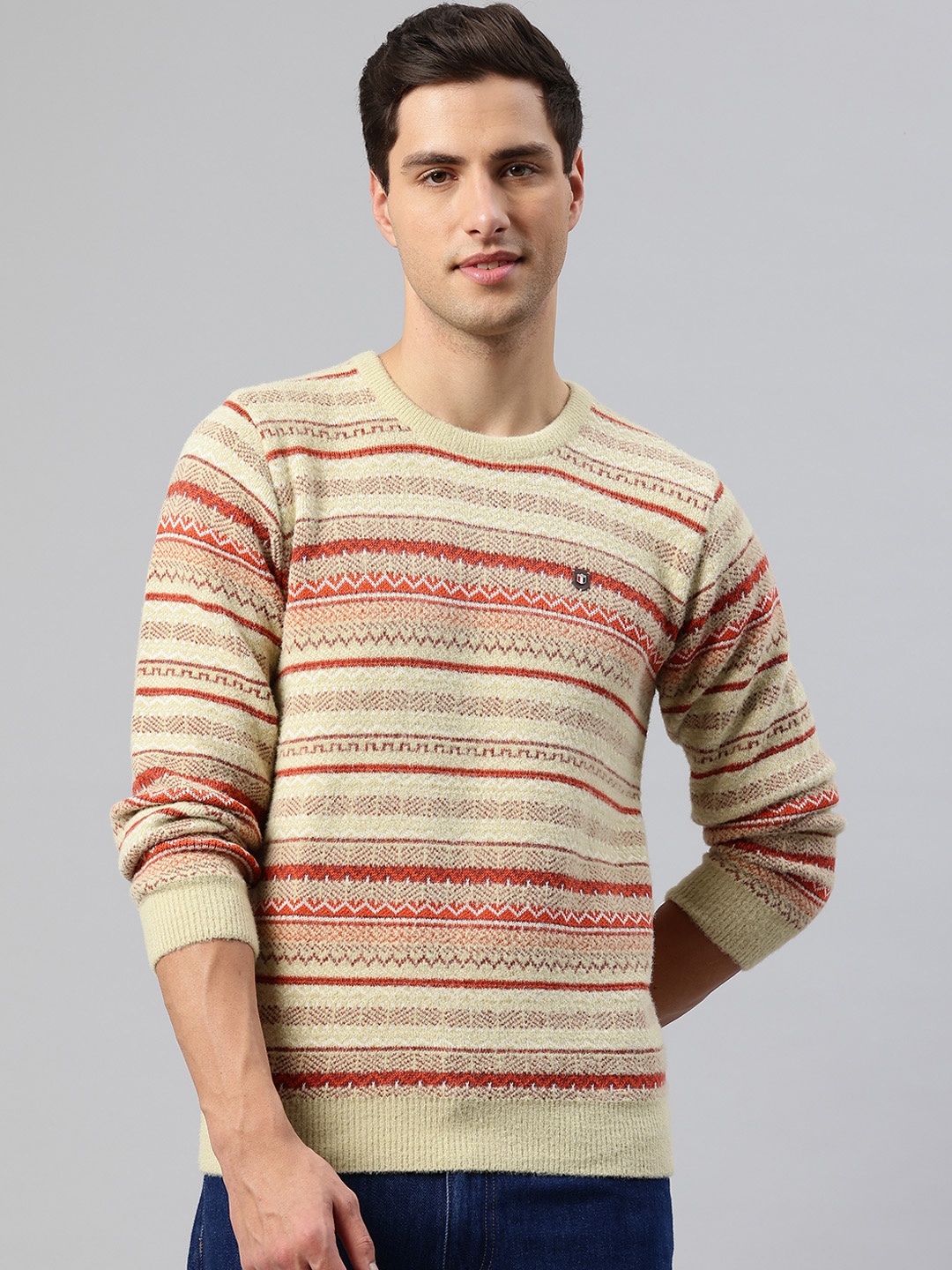 

Pierre Carlo Men Geometric Self Design Pullover, Beige