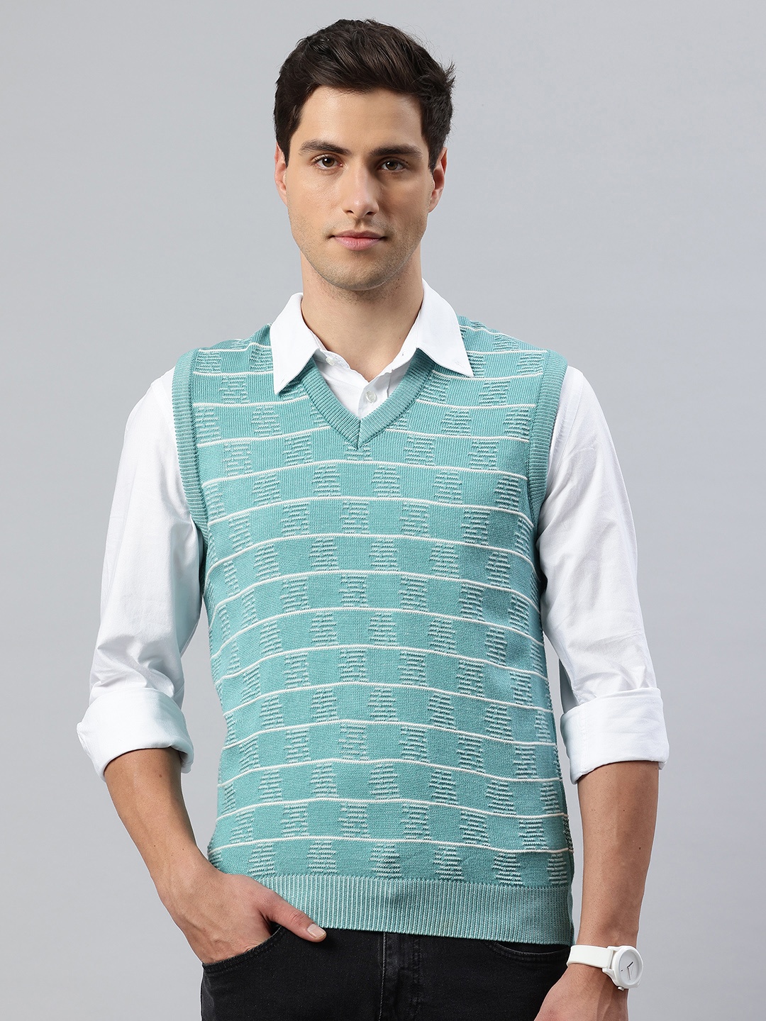

Pierre Carlo Men Geometric Self Design Sweater Vest, Sea green