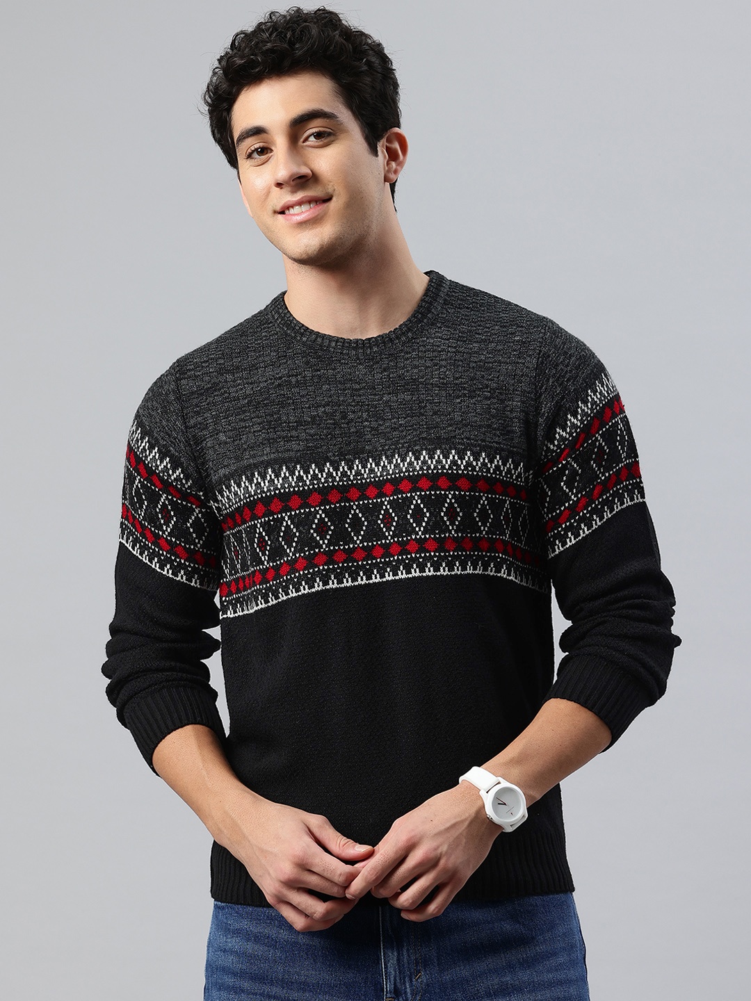 

Pierre Carlo Men Geometric Self Design Pullover, Black