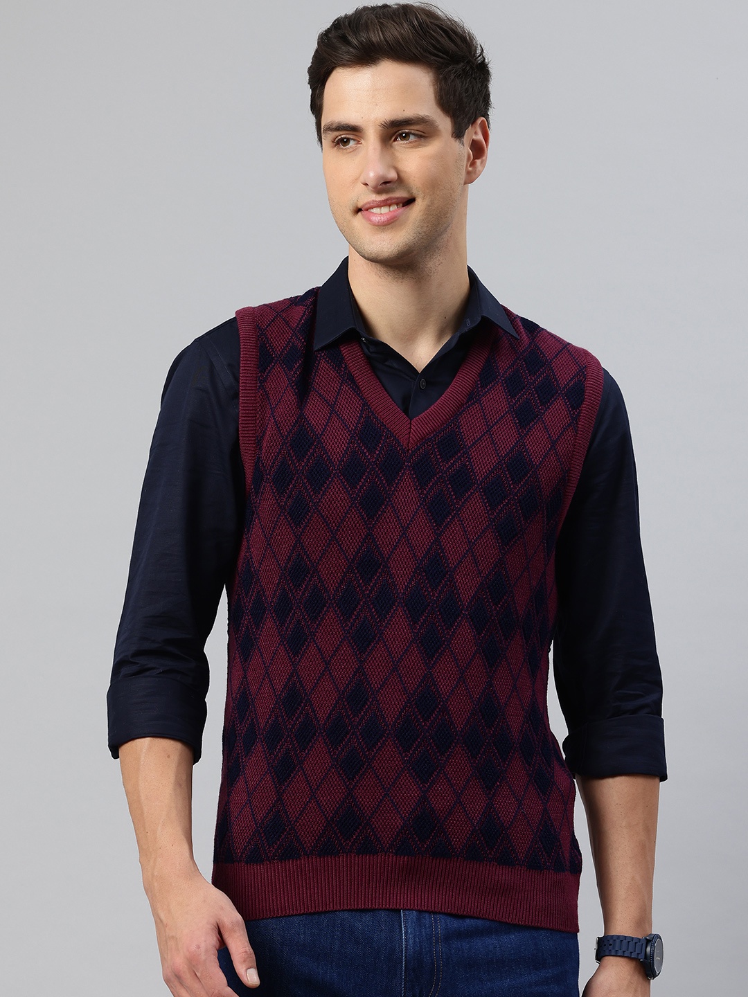 

Pierre Carlo Men Argyle Checked Sweater Vest, Burgundy