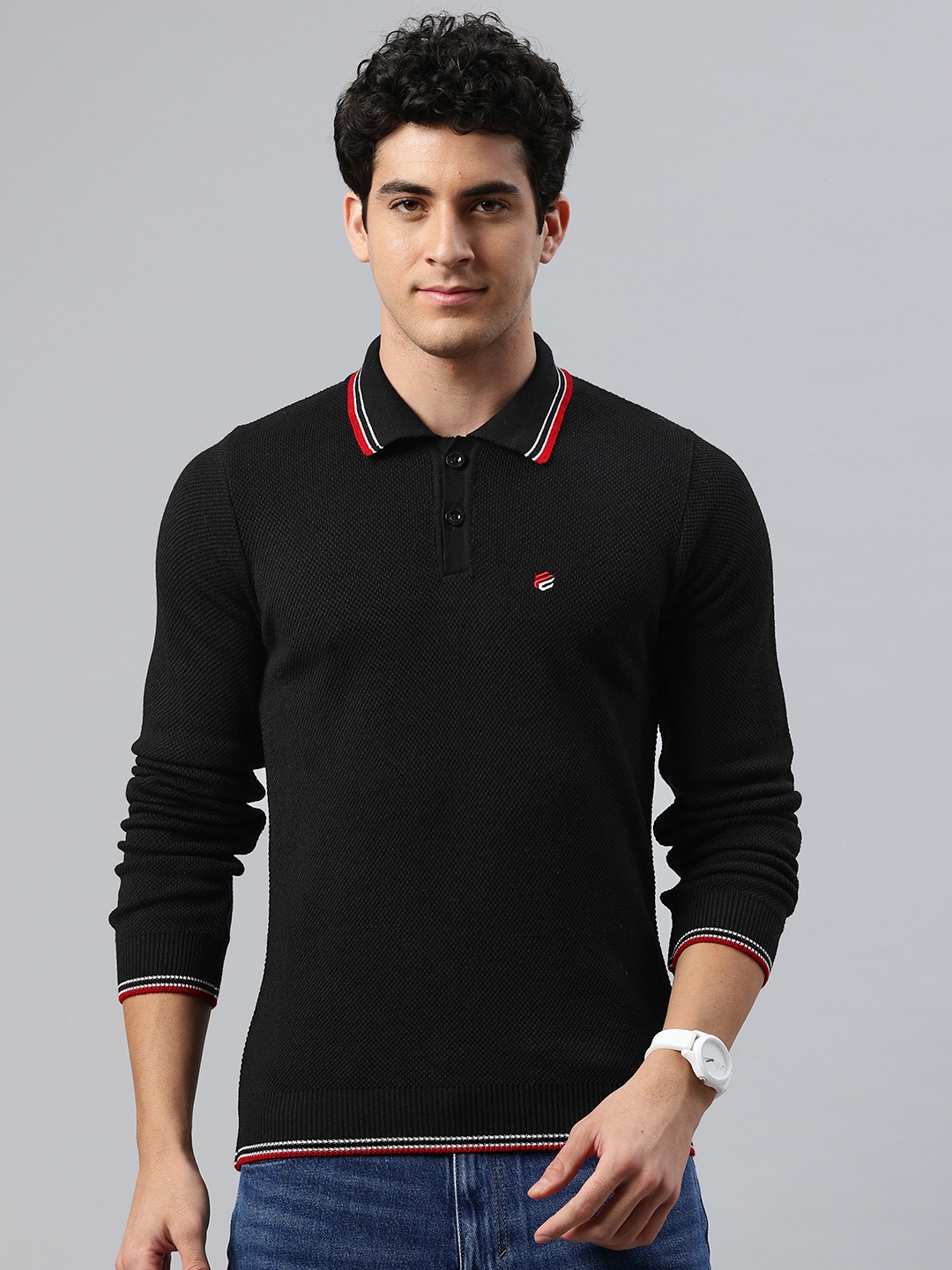 

Pierre Carlo Men Polo Neck Pullover, Black