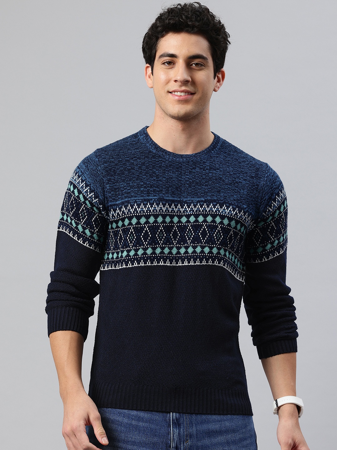 

Pierre Carlo Men Geometric Self Design Pullover, Navy blue