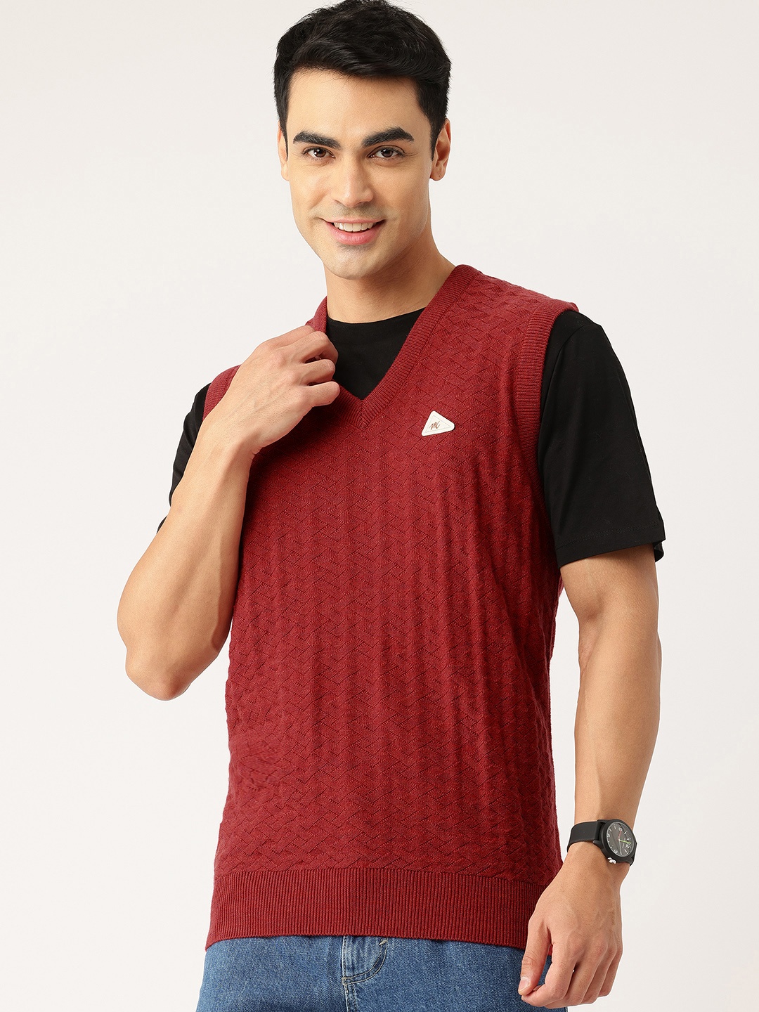 

Monte Carlo Self Design Woollen Sweater Vest, Red